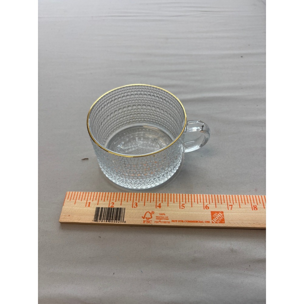 Clear Textured Glass Coffee Mug Gold Rim Hobnail Pebble Tea Cup 3.5in Wide
